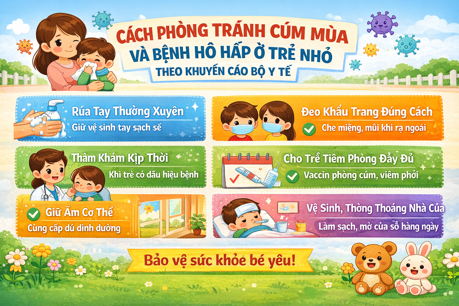 cúm mùa trẻ em, bệnh hô hấp trẻ nhỏ, phòng cúm cho trẻ, viêm đường hô hấp trẻ em, chăm sóc trẻ mầm non, phòng bệnh theo Bộ Y tế